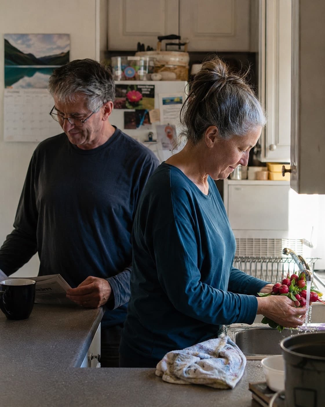 An older couple in their kitchen, working through the day together