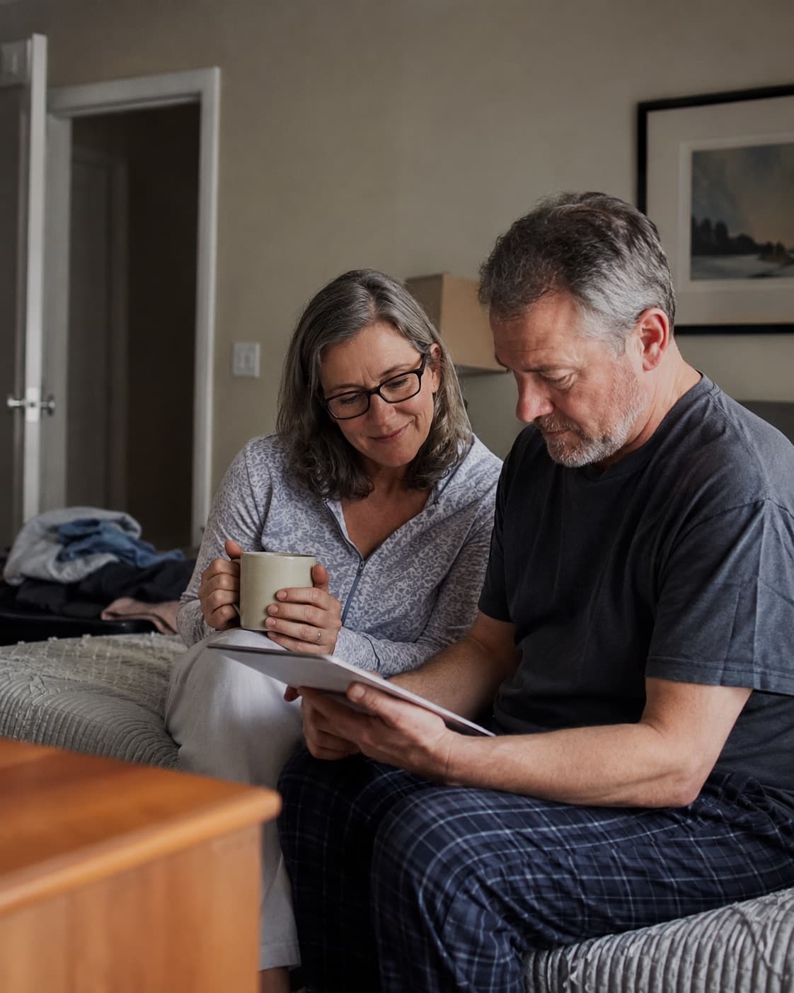 An older couple reading through a plan document together