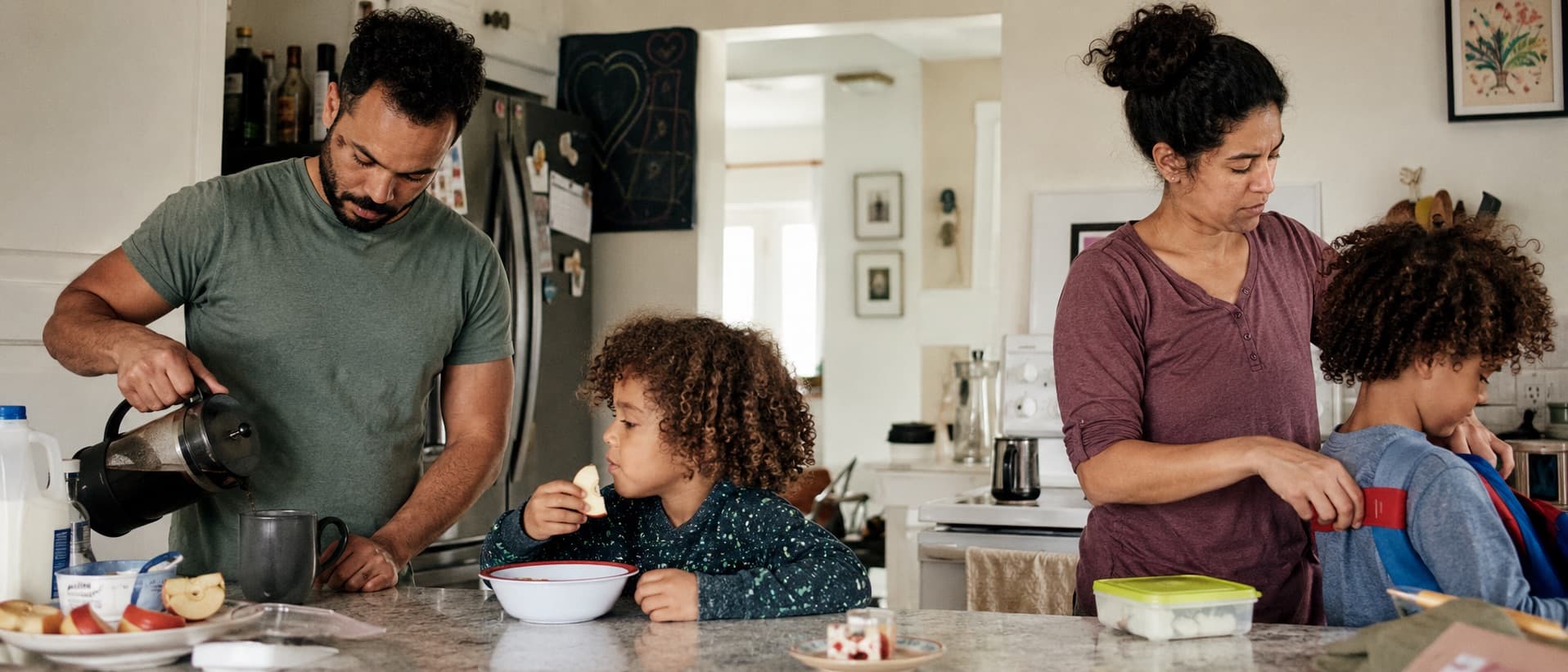 A family getting ready together on a school morning